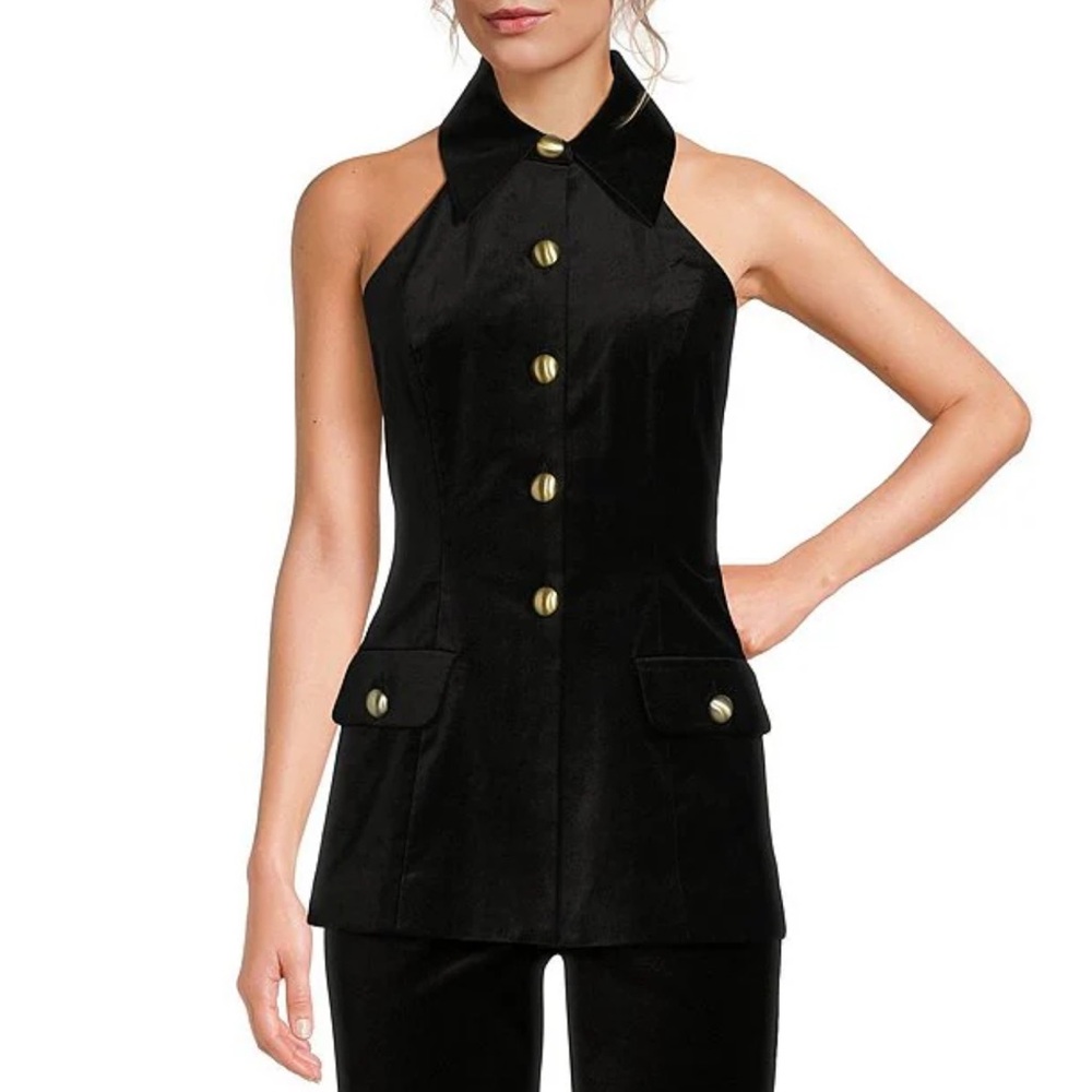 Trina Turk
Elainia Velveteen Point Collar Halter Neck Button Front Top